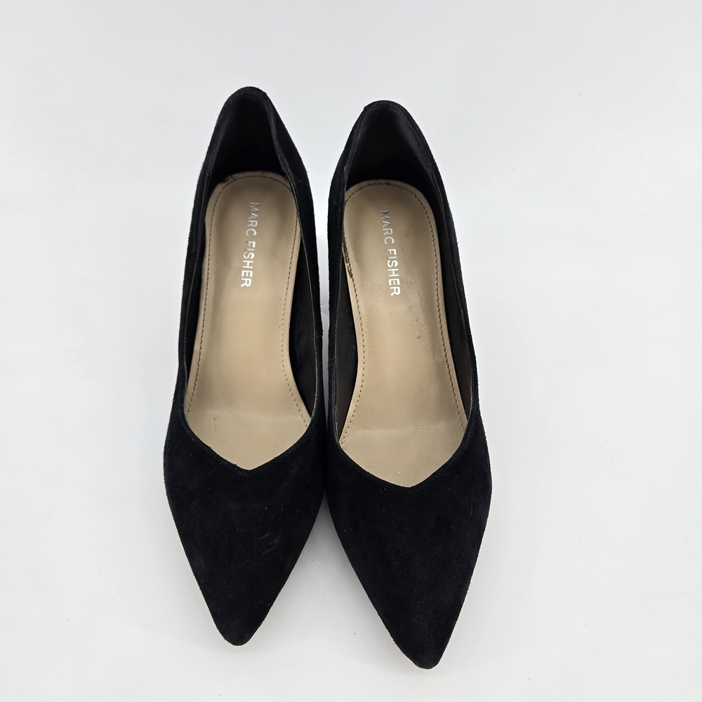 Marc Fisher Women's Caitlin Slip-On Block Heel Pumps in black suede.